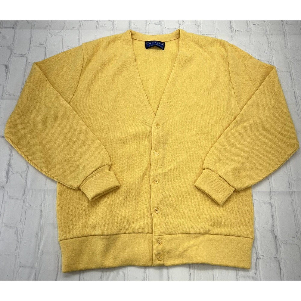 Vintage 90s Jantzen Men's Cardigan Sweater Pale Yellow Acrylic Soft USA Made L